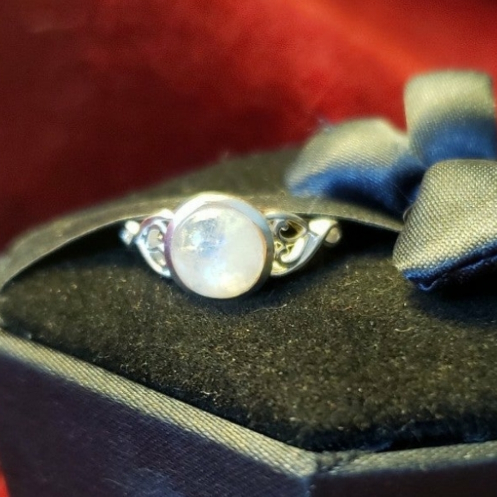 SOLDDainty Genuine Rainbow Moonstone Solitaire Ring in Sterling  Silver - Picture 2 of 9